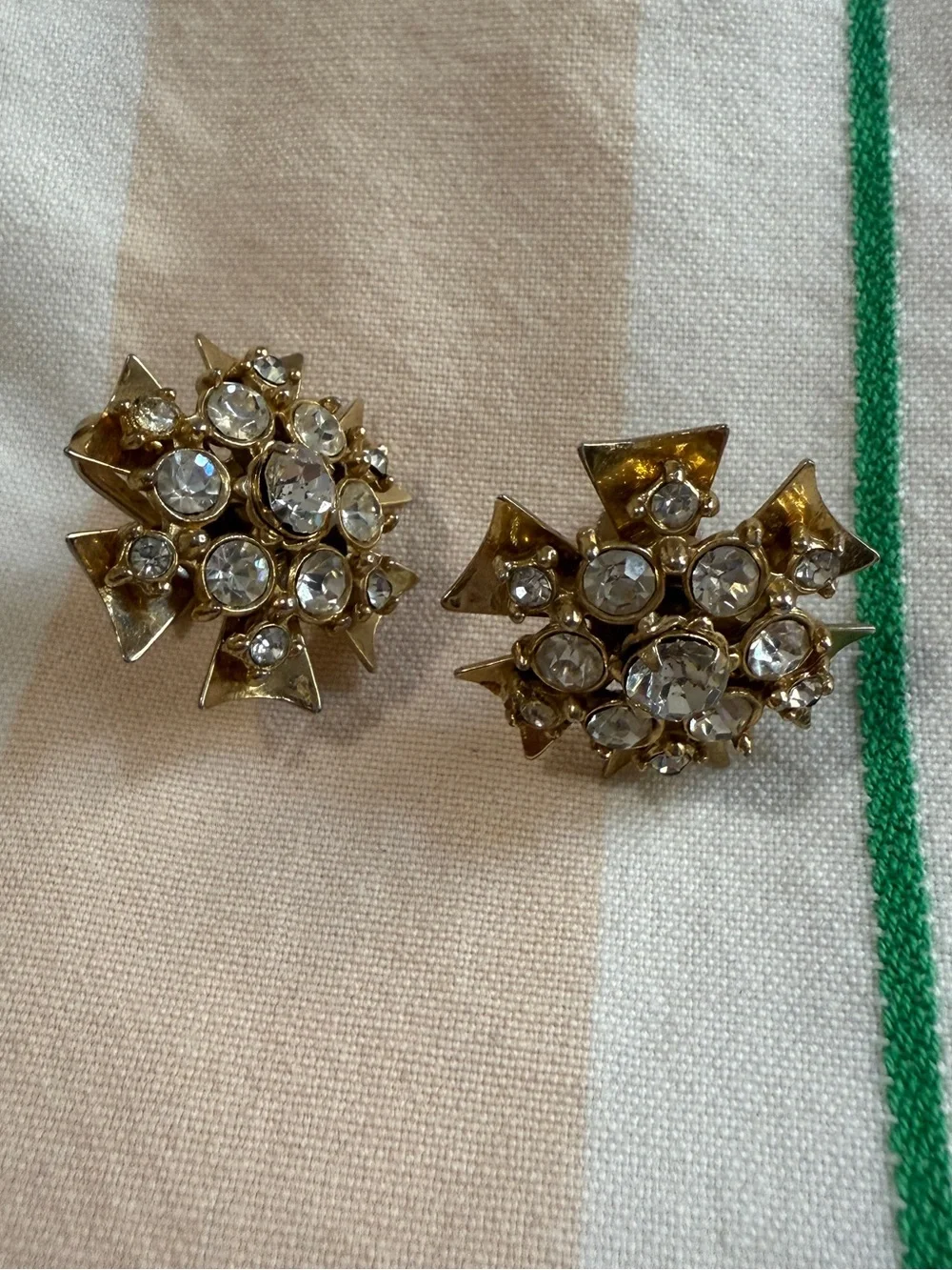 1950s Goldtone Maltese Cross Rhinestone Screwback Earrings